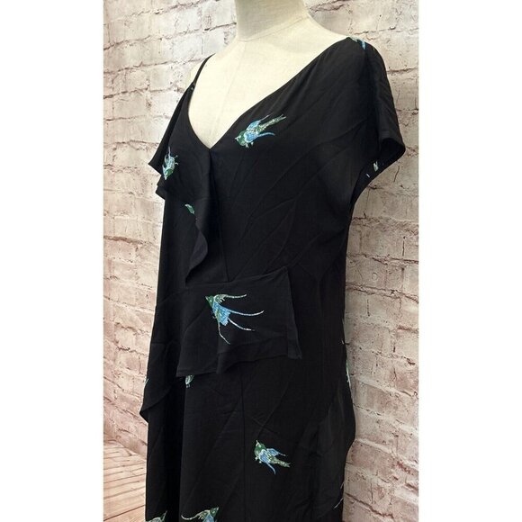 Diane Von Furstenberg Womens Black Silk Bird Print Asymmetric Ruffle Midi Dress - Picture 3 of 6